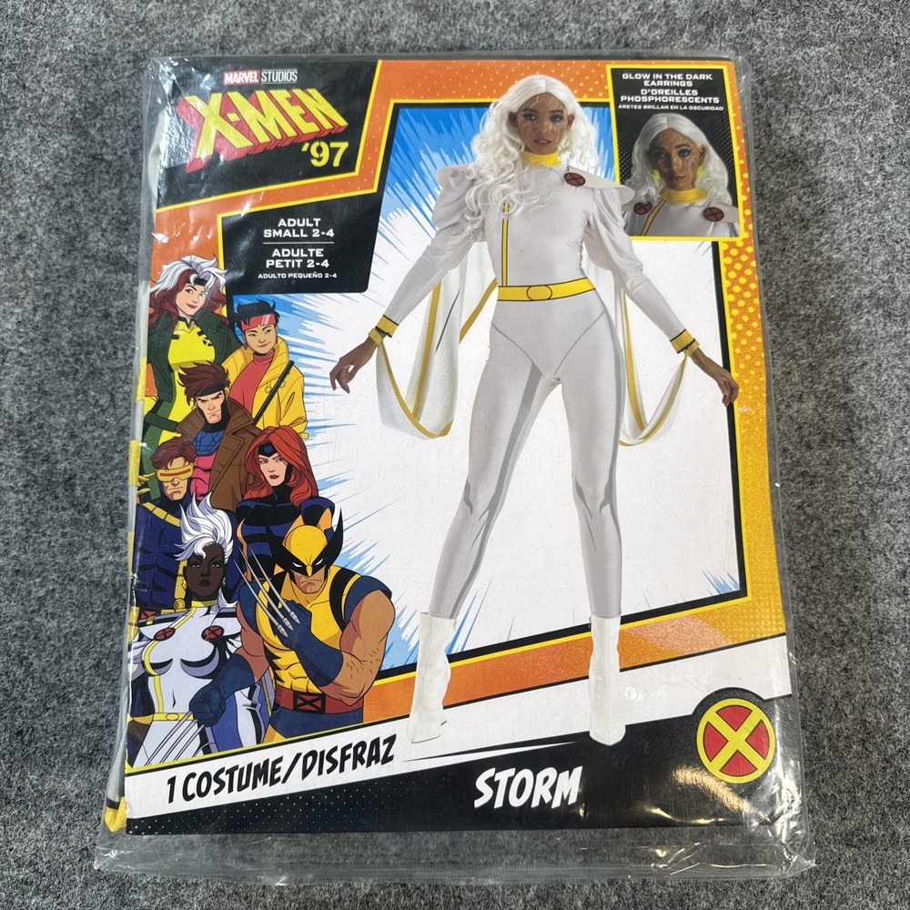New X-Men 97 Adult Storm Costume Marvel Catsuit Cape Glow in Dark Earrings Small